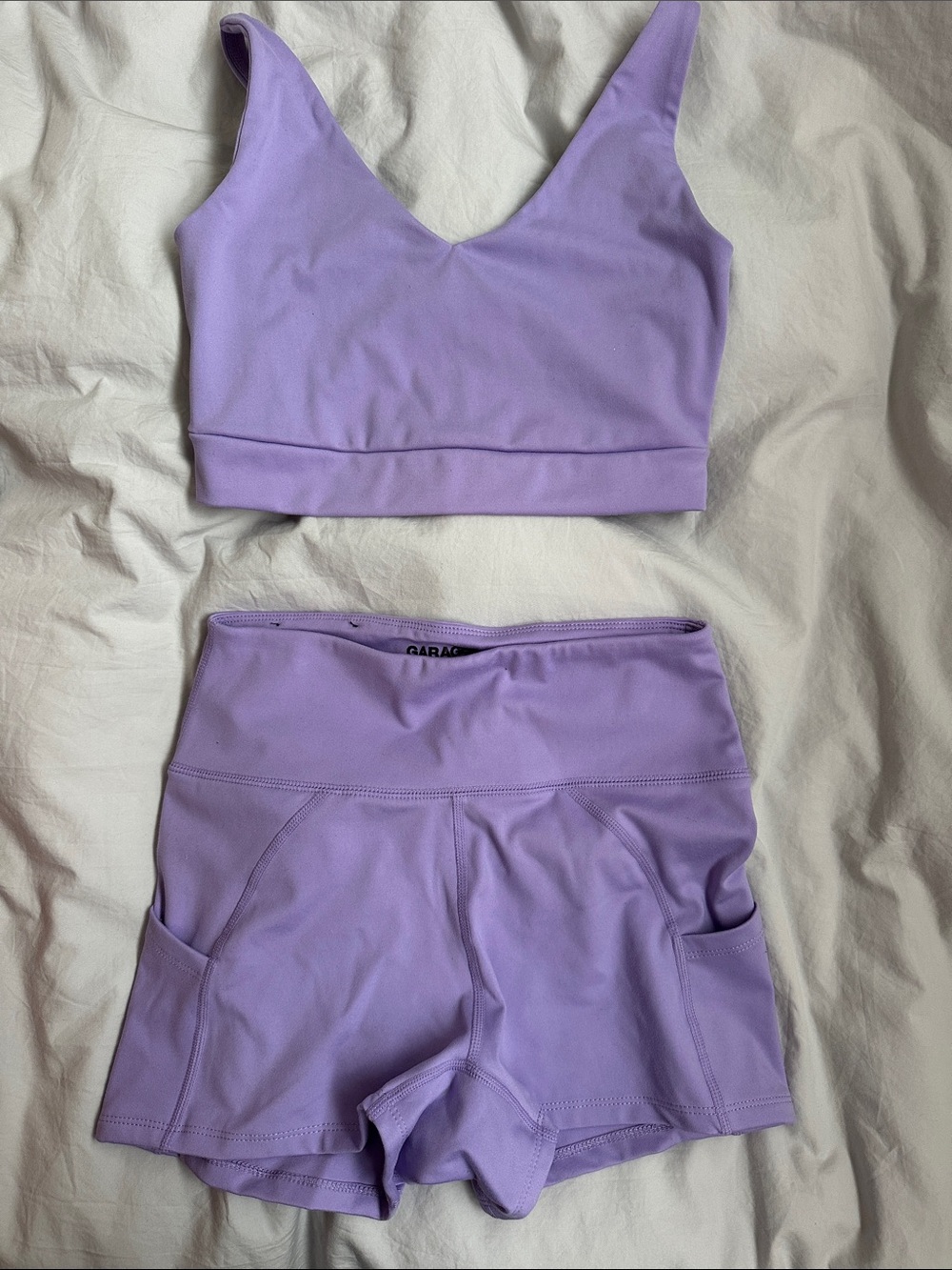 Garage Lavender Two-Piece Active Set - Crop Sports Bra & High-Waist Shorts